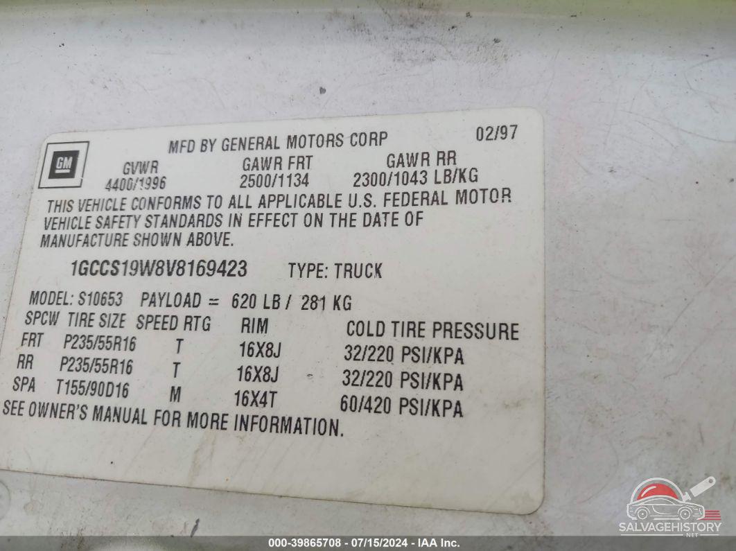 1GCCS19W8V8169423 1997 CHEVROLET S-10 photo no. 9