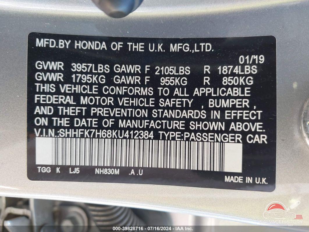 SHHFK7H68KU412384 2019 HONDA CIVIC photo no. 9