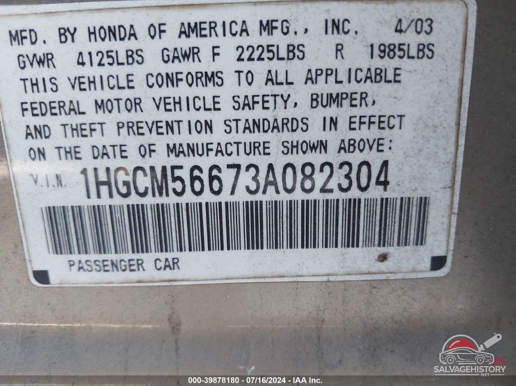1HGCM56673A082304 2003 HONDA ACCORD photo no. 9
