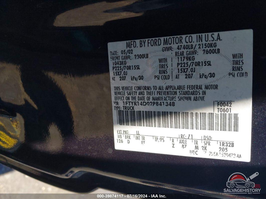 1FTYR14D02PB41348 2002 FORD RANGER photo no. 9