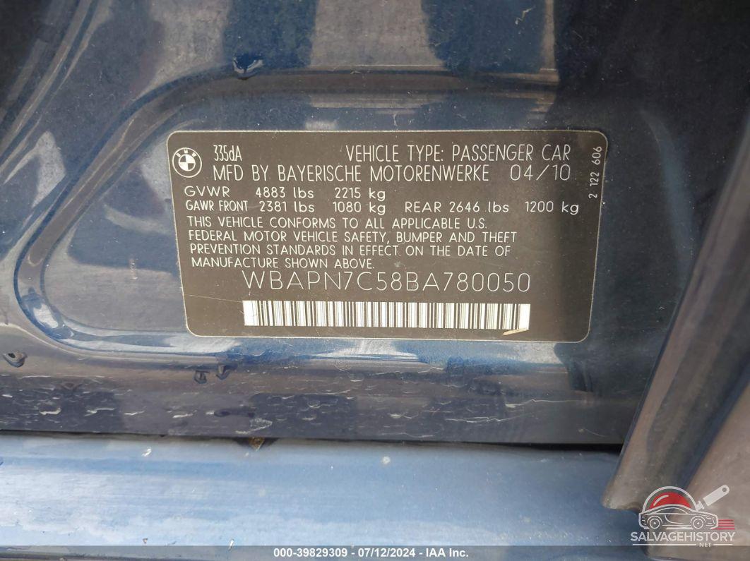 WBAPN7C58BA780050 2011 BMW 335D photo no. 9