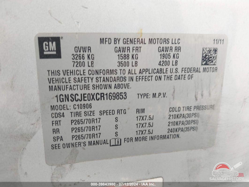 1GNSCJE0XCR169853 2012 CHEVROLET SUBURBAN 1500 photo no. 9