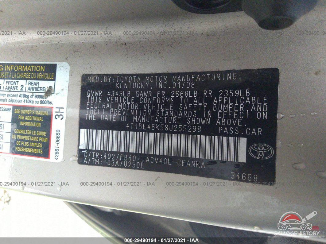 4T1BE46K58U255298 2008 TOYOTA CAMRY photo no. 9