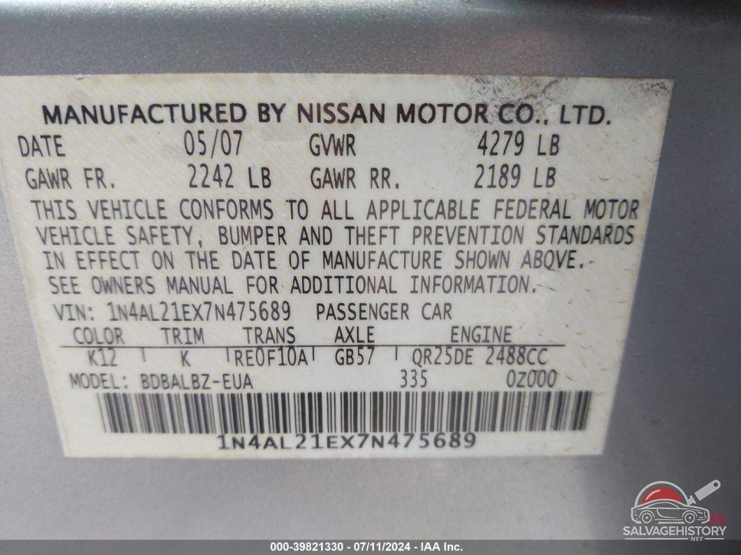 1N4AL21EX7N475689 2007 NISSAN ALTIMA photo no. 9