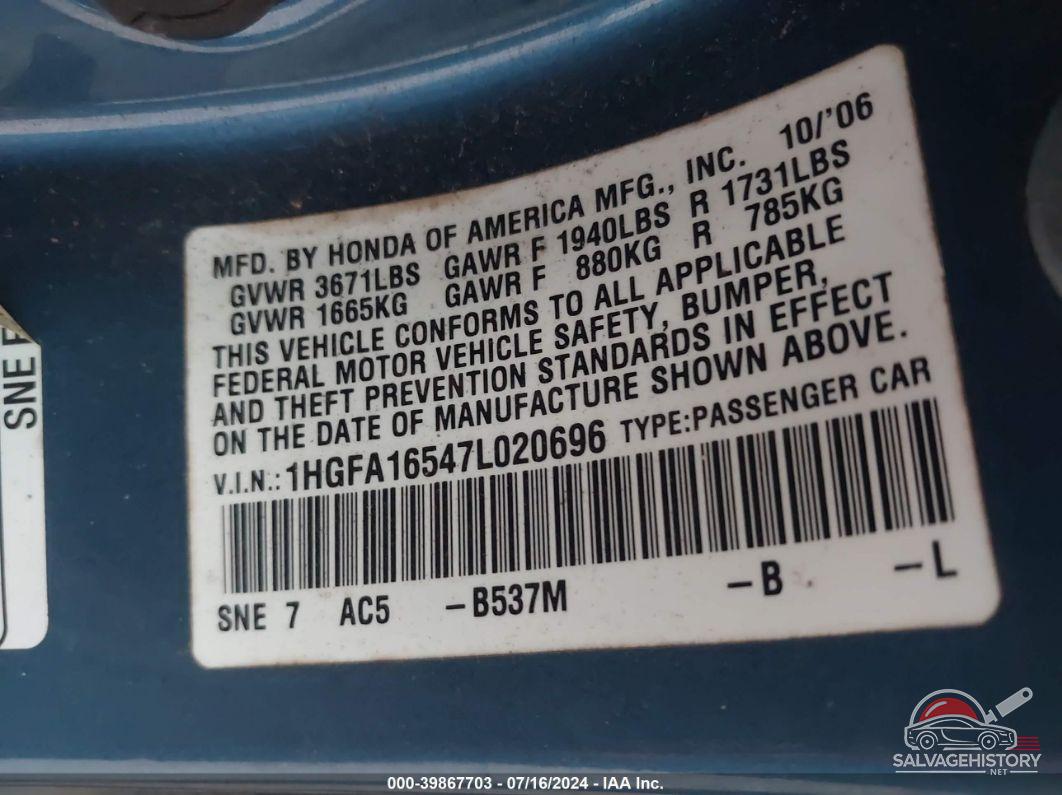 1HGFA16547L020696 2007 HONDA CIVIC photo no. 9
