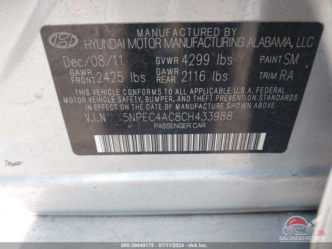 5NPEC4AC8CH433988 2012 HYUNDAI SONATA photo no. 9