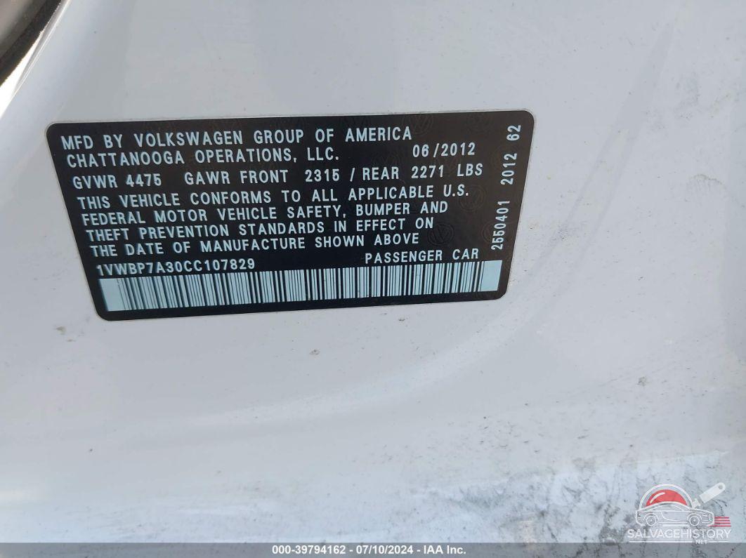 1VWBP7A30CC107829 2012 VOLKSWAGEN PASSAT photo no. 9