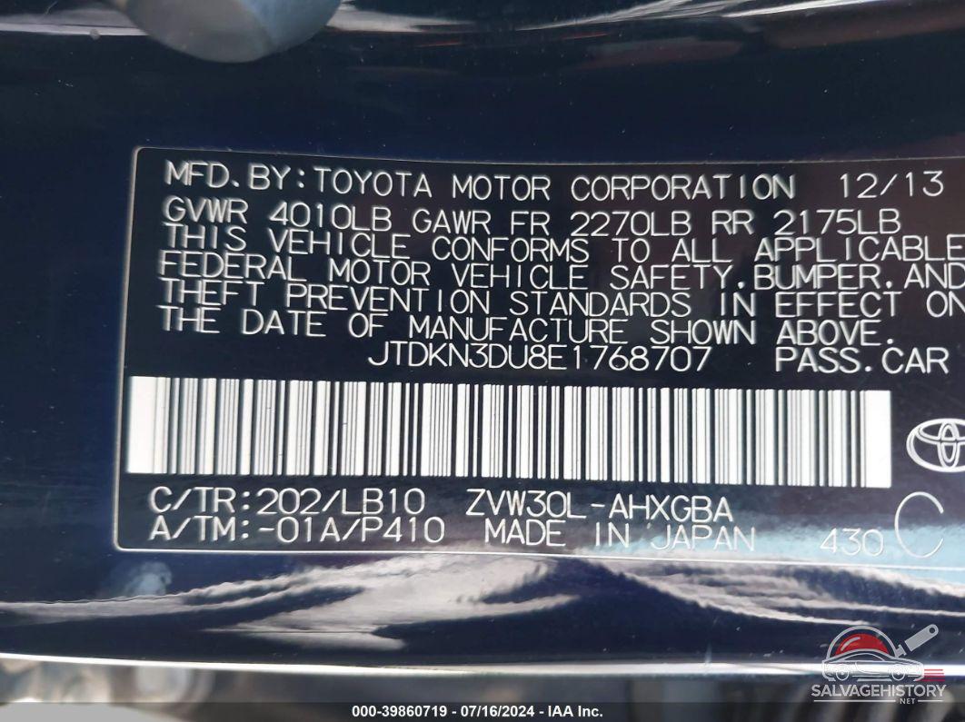 JTDKN3DU8E1768707 2014 TOYOTA PRIUS photo no. 9
