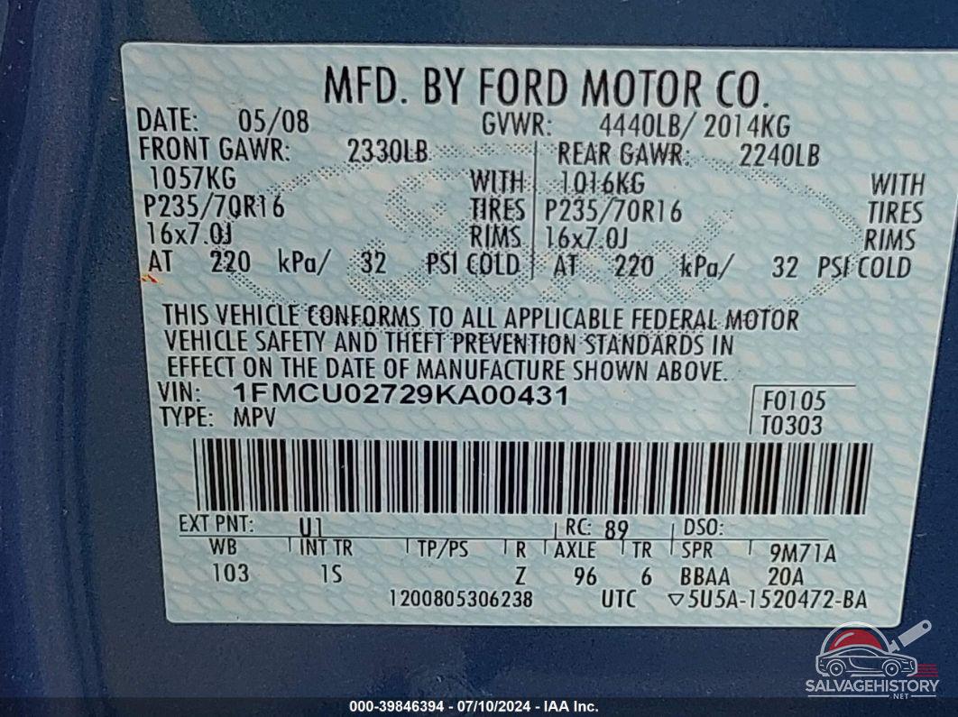 1FMCU02729KA00431 2009 FORD ESCAPE photo no. 9