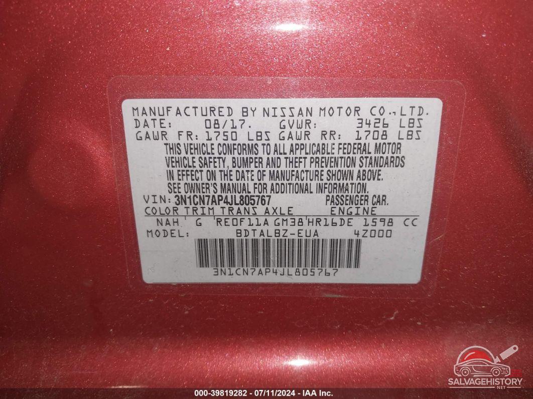 3N1CN7AP4JL805767 2018 NISSAN VERSA photo no. 9