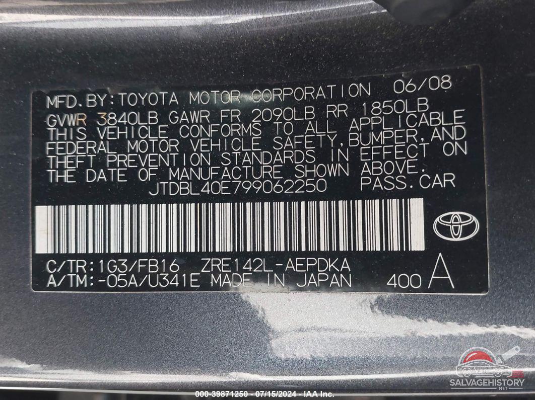 JTDBL40E799062250 2009 TOYOTA COROLLA photo no. 9