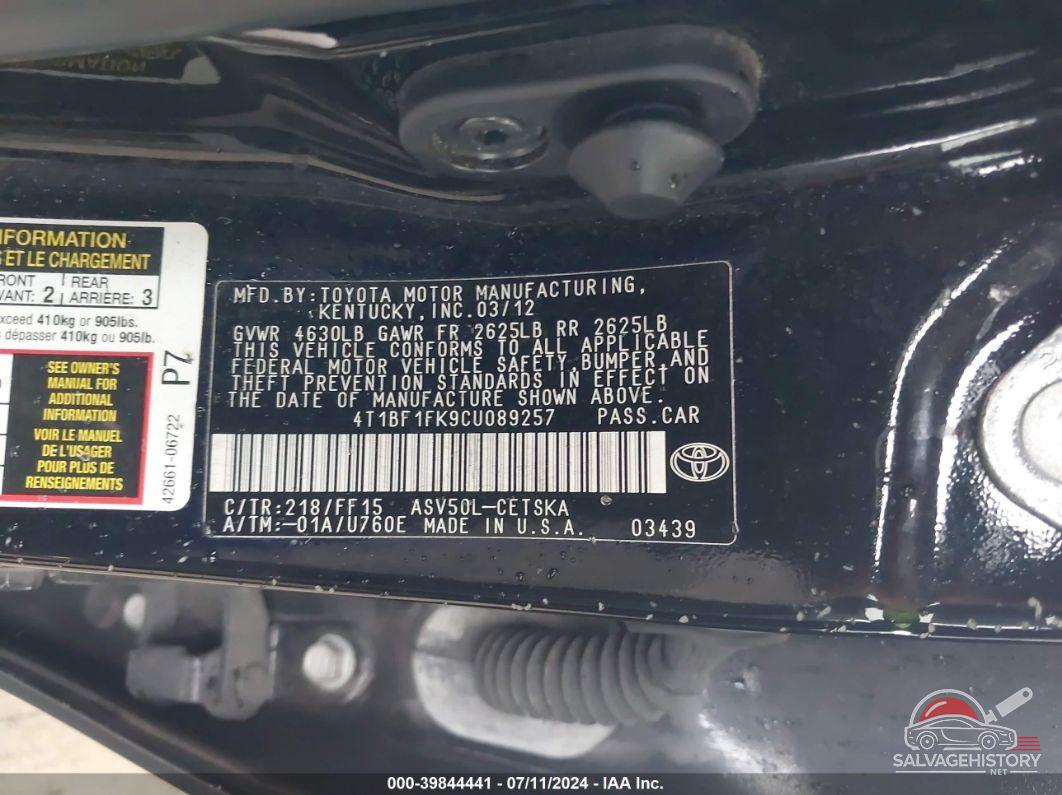 4T1BF1FK9CU089257 2012 TOYOTA CAMRY photo no. 9