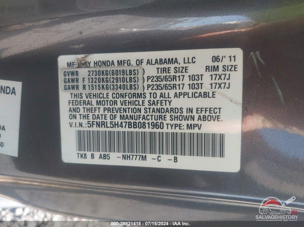 5FNRL5H47BB081960 2011 HONDA ODYSSEY photo no. 9