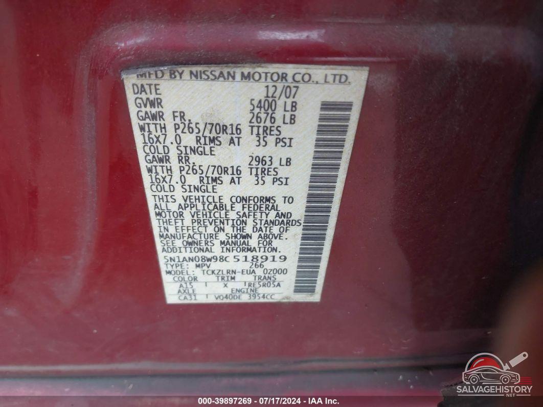 5N1AN08W98C518919 2008 NISSAN XTERRA photo no. 9
