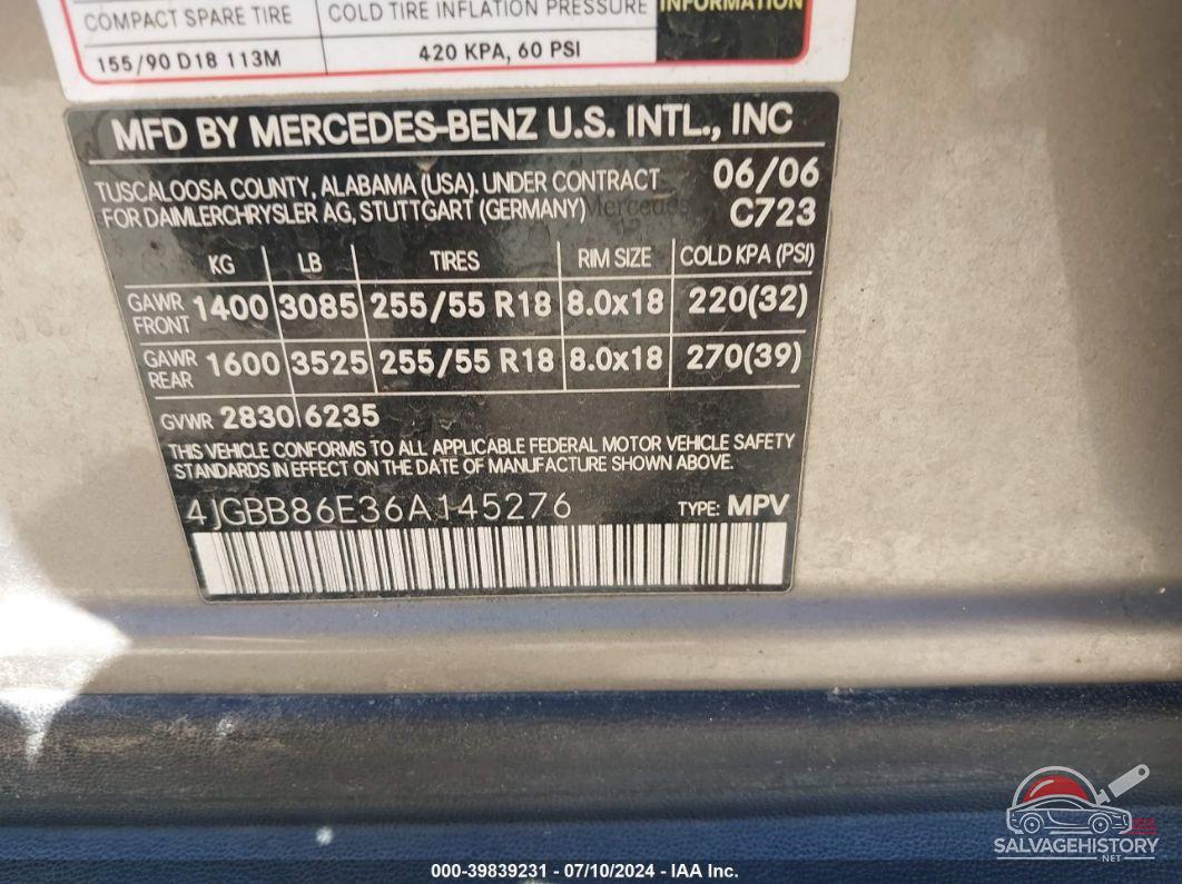 4JGBB86E36A145276 2006 MERCEDES-BENZ ML 350 photo no. 9