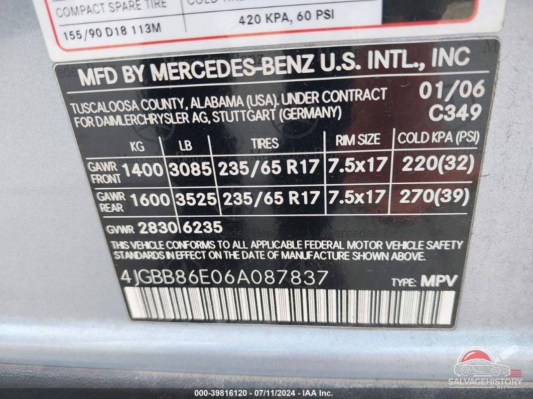 4JGBB86E06A087837 2006 MERCEDES-BENZ ML 350 photo no. 9