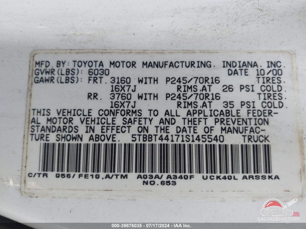5TBBT44171S145540 2001 TOYOTA TUNDRA photo no. 9