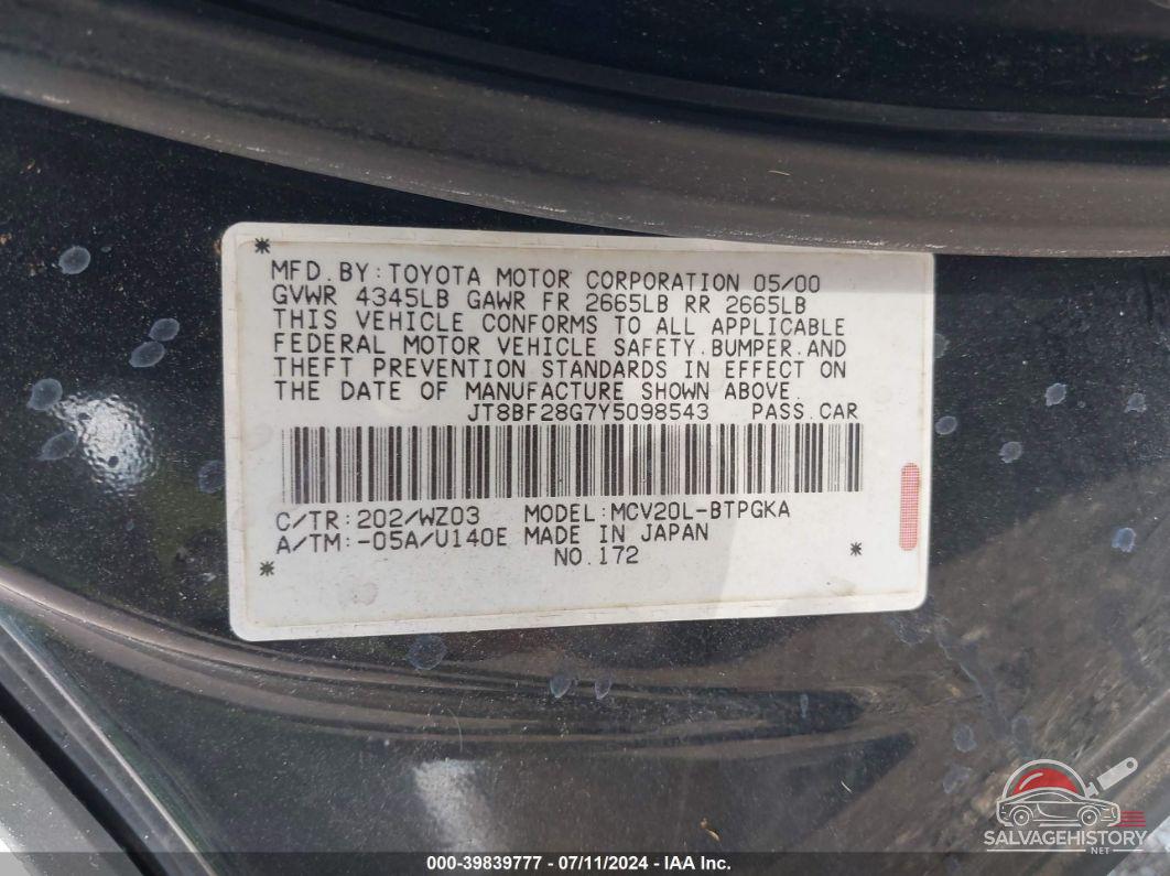 JT8BF28G7Y5098543 2000 LEXUS ES 300 photo no. 9
