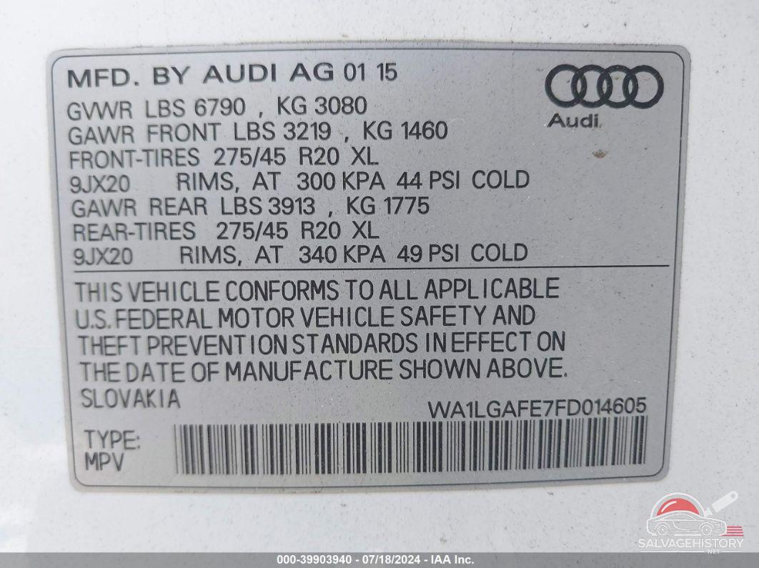 WA1LGAFE7FD014605 2015 AUDI Q7 photo no. 9