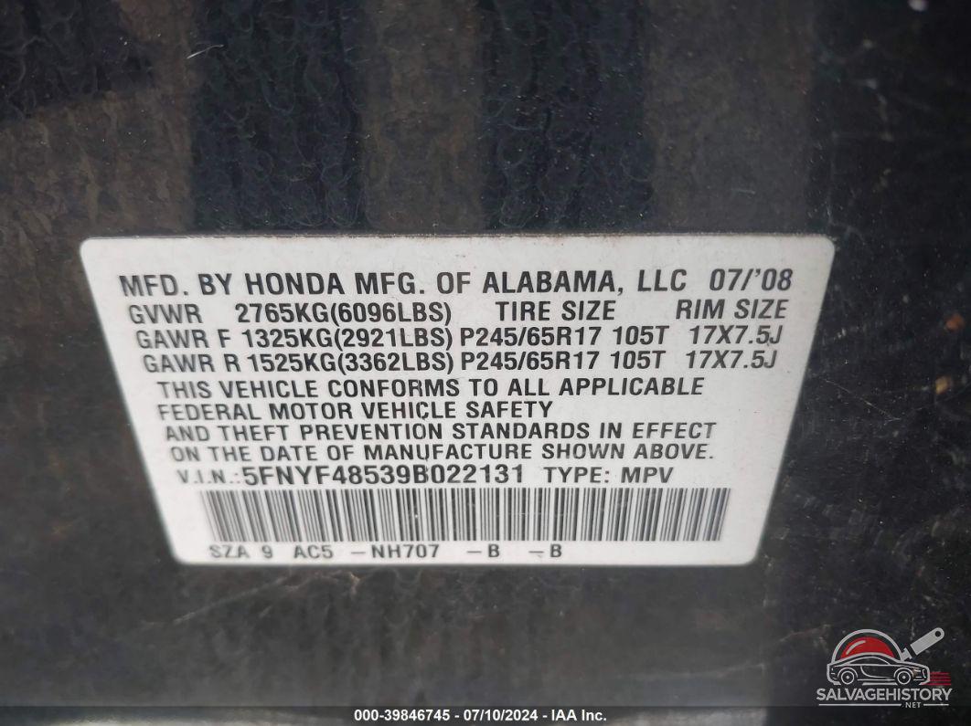 5FNYF48539B022131 2009 HONDA PILOT photo no. 9