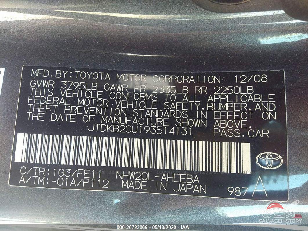 JTDKB2OU193514131 2009 TOYOTA PRIUS photo no. 9