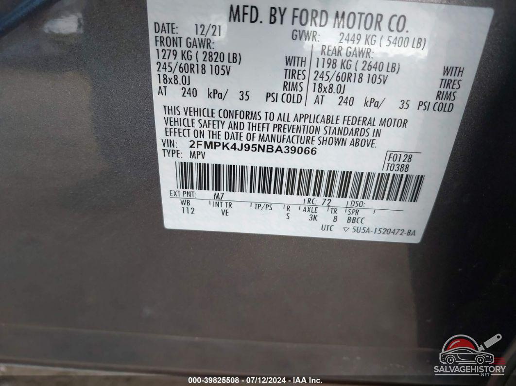 2FMPK4J95NBA39066 2022 FORD EDGE photo no. 9