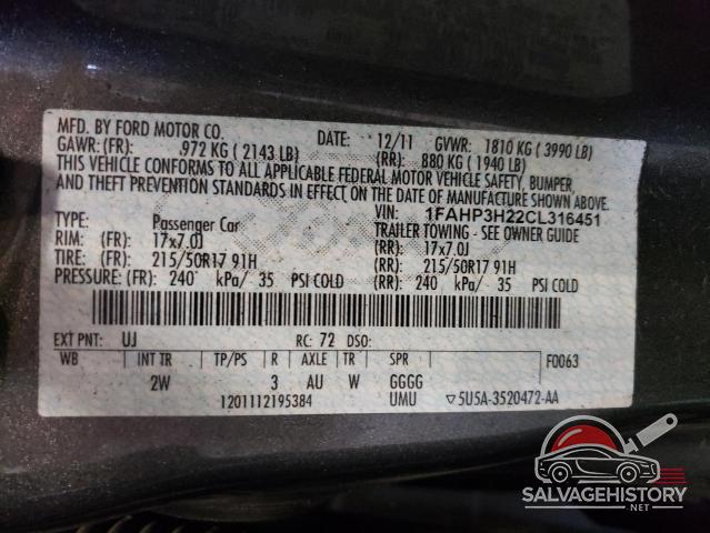 1FAHP3H22CL316451 2012 FORD FOCUS photo no. 12
