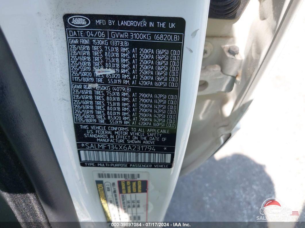 SALMF134X6A231794 2006 LAND ROVER RANGE ROVER photo no. 9