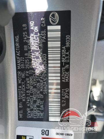 58ADA1C17NU026303 2022 LEXUS ES300 photo no. 12