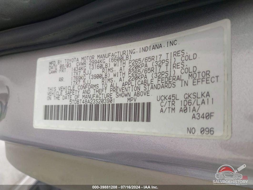 5TDBT48A23S203901 2003 TOYOTA SEQUOIA photo no. 9