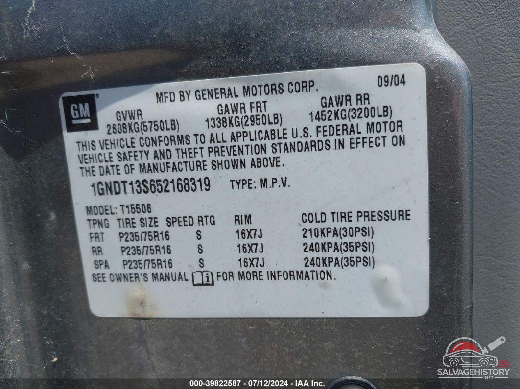 1GNDT13S652168319 2005 CHEVROLET TRAILBLAZER photo no. 9