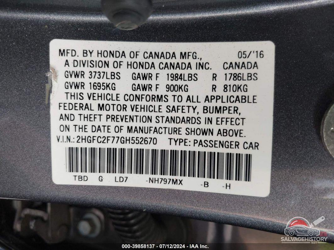 2HGFC2F77GH552670 2016 HONDA CIVIC photo no. 9