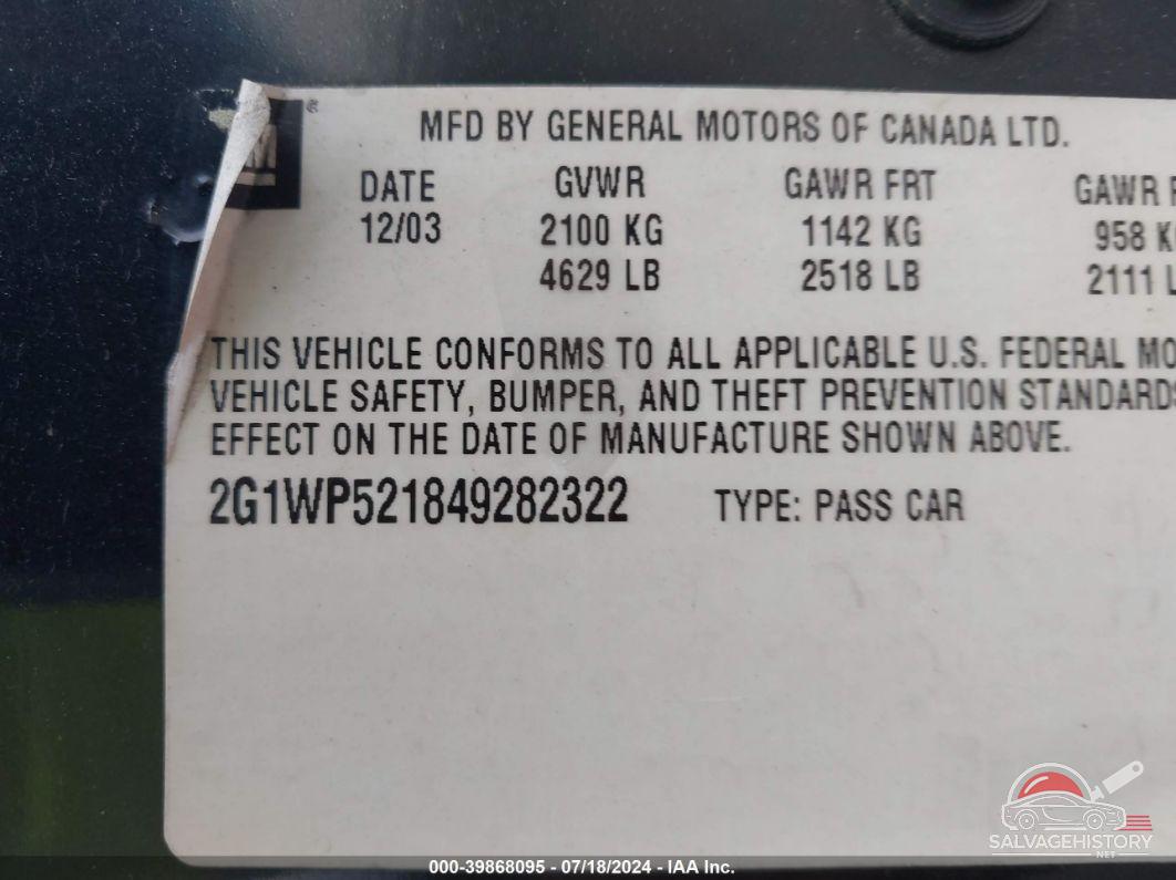 2G1WP521849282322 2004 CHEVROLET IMPALA photo no. 9