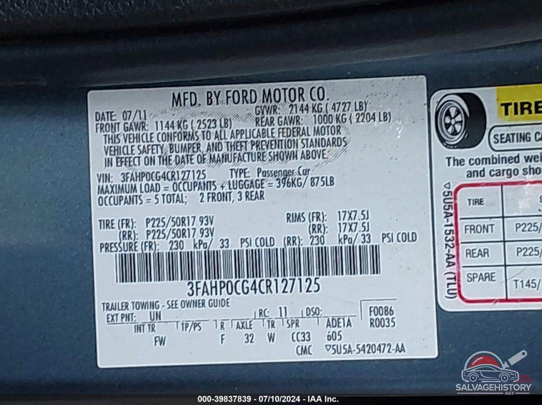 3FAHP0CG4CR127125 2012 FORD FUSION photo no. 9