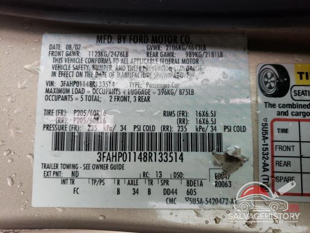 3FAHP01148R133514 2008 FORD FUSION photo no. 12