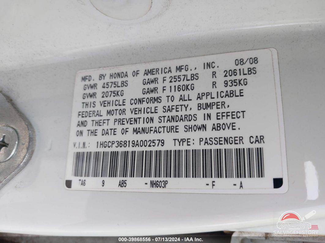 1HGCP36819A002579 2009 HONDA ACCORD photo no. 9