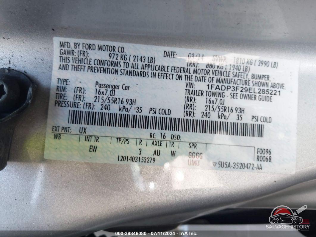 1FADP3F29EL285221 2014 FORD FOCUS photo no. 9