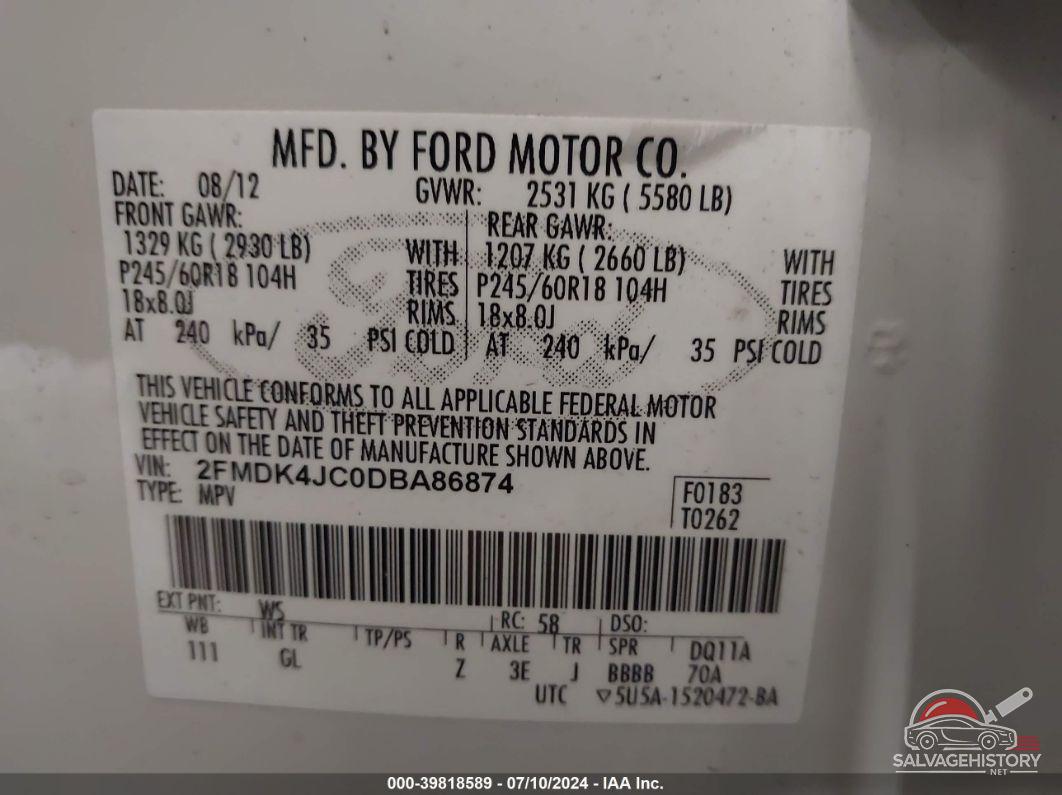 2FMDK4JC0DBA86874 2013 FORD EDGE photo no. 9