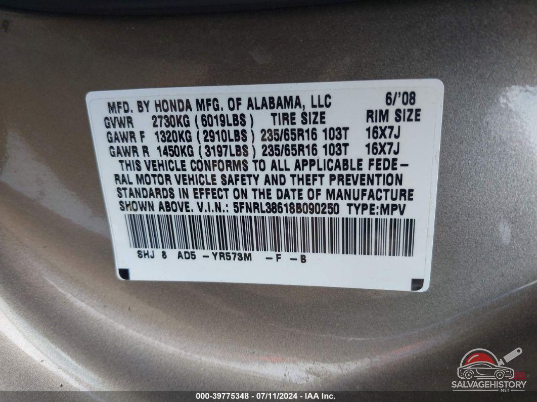 5FNRL38618B090250 2008 HONDA ODYSSEY photo no. 9