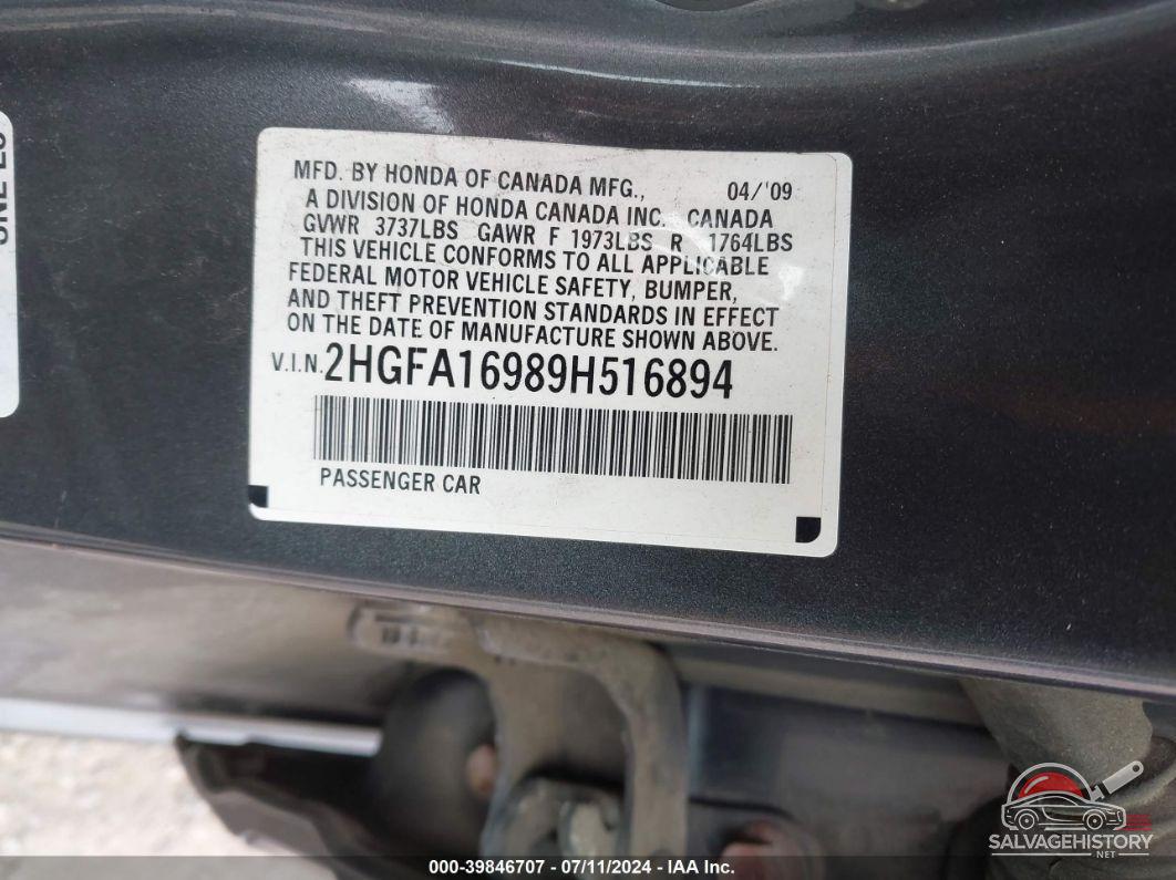 2HGFA16989H516894 2009 HONDA CIVIC photo no. 9
