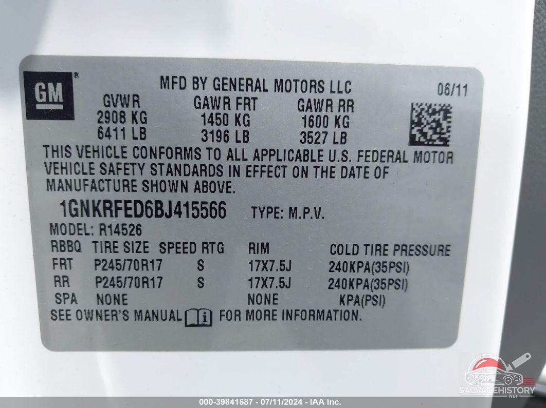 1GNKRFED6BJ415566 2011 CHEVROLET TRAVERSE photo no. 9