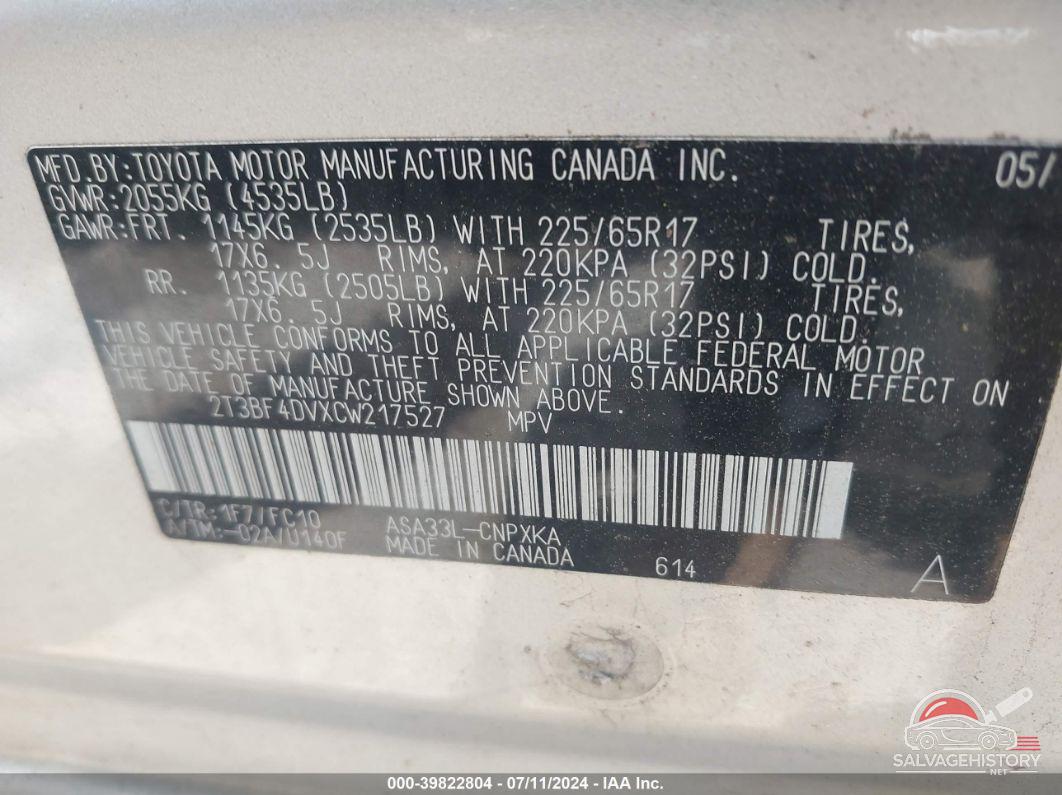 2T3BF4DVXCW217527 2012 TOYOTA RAV4 photo no. 9