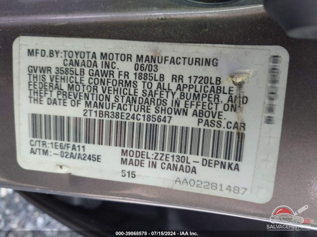 2T1BR38E24C185647 2004 TOYOTA COROLLA photo no. 9