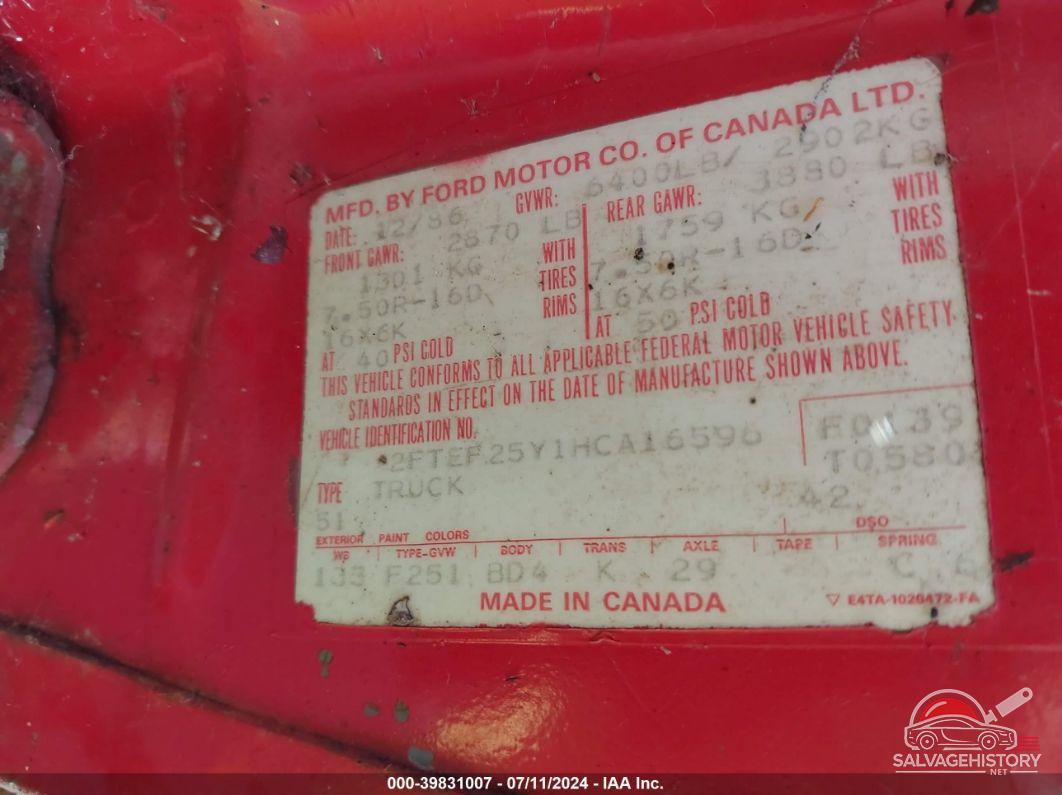 2FTEF25Y1HCA16596 1986 FORD F250 photo no. 9