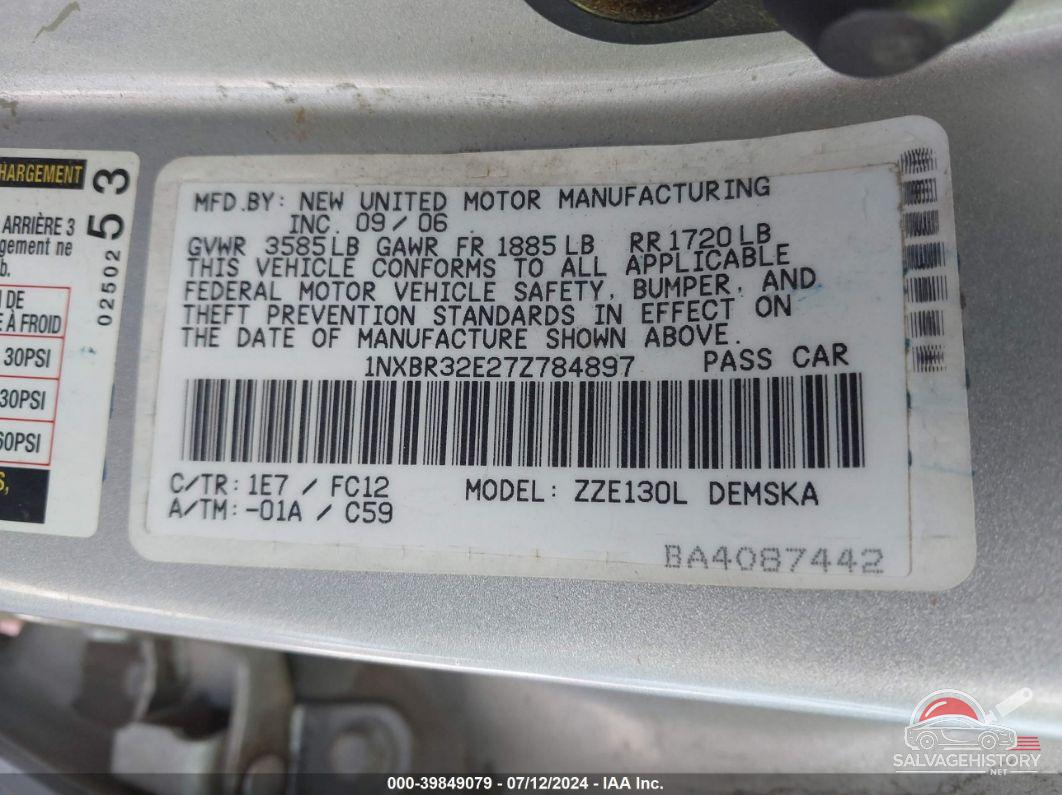 1NXBR32E27Z784897 2007 TOYOTA COROLLA photo no. 9