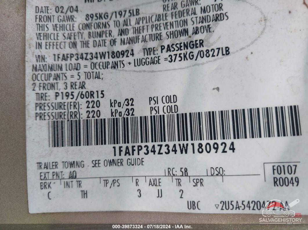 1FAFP34Z34W180924 2004 FORD FOCUS photo no. 9