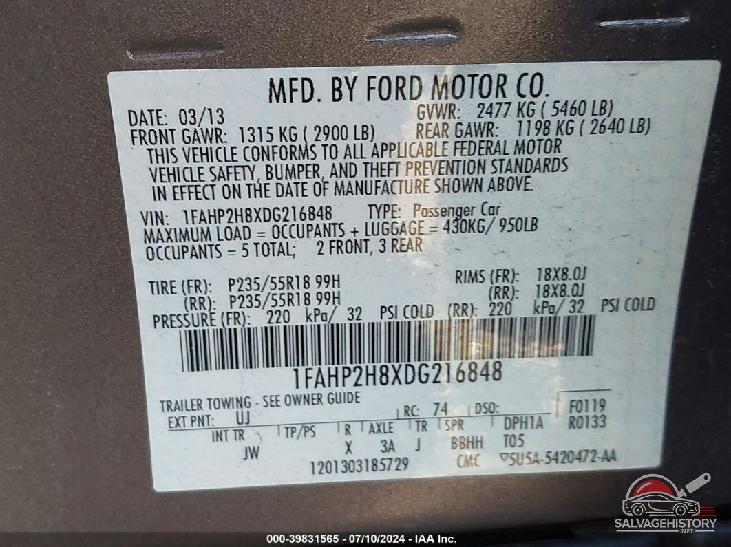 1FAHP2H8XDG216848 2013 FORD TAURUS photo no. 9