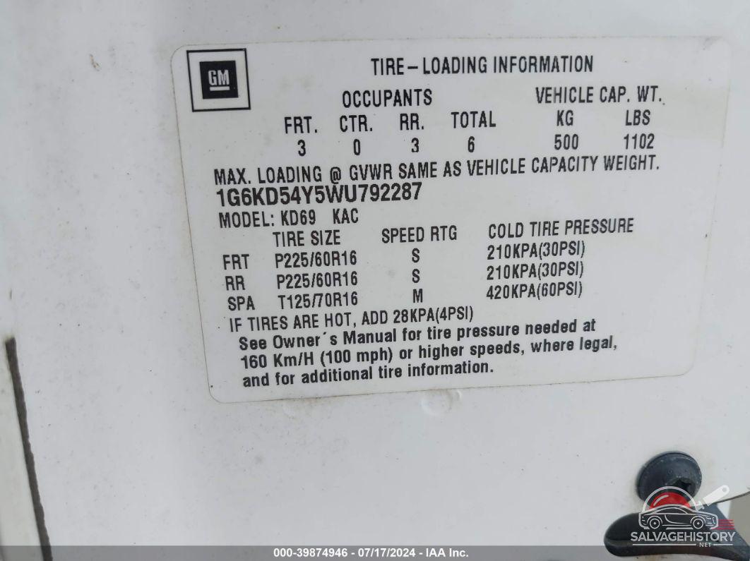 1G6KD54Y5WU792287 1998 CADILLAC DEVILLE photo no. 9