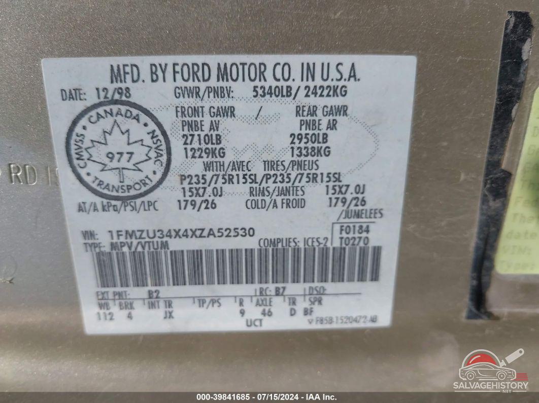 1FMZU34X4XZA52530 1999 FORD EXPLORER photo no. 9