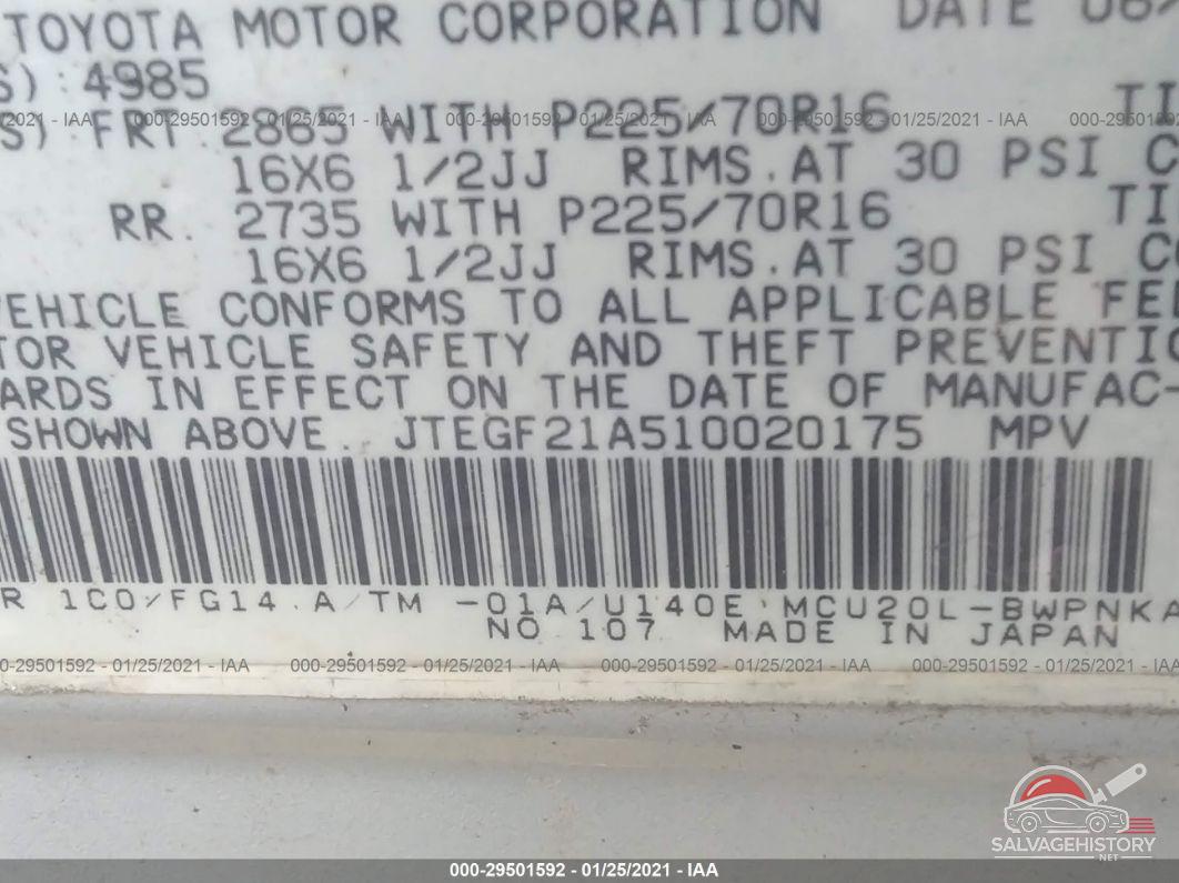 JTEGF21A510020175 2001 TOYOTA HIGHLANDER photo no. 9